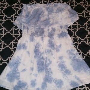 Blue and White Strapless Romper